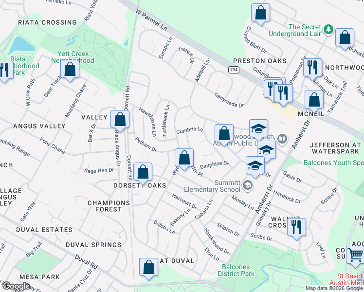 map of restaurants, bars, coffee shops, grocery stores, and more near 12307 Wycliff Lane in Austin