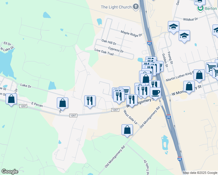 map of restaurants, bars, coffee shops, grocery stores, and more near 12504 Falls Court in Willis