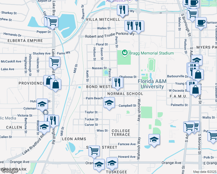 map of restaurants, bars, coffee shops, grocery stores, and more near 647 Osceola Street in Tallahassee