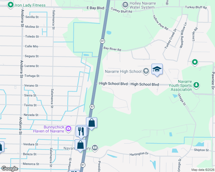 map of restaurants, bars, coffee shops, grocery stores, and more near 2413 Duncan Ridge Drive in Navarre
