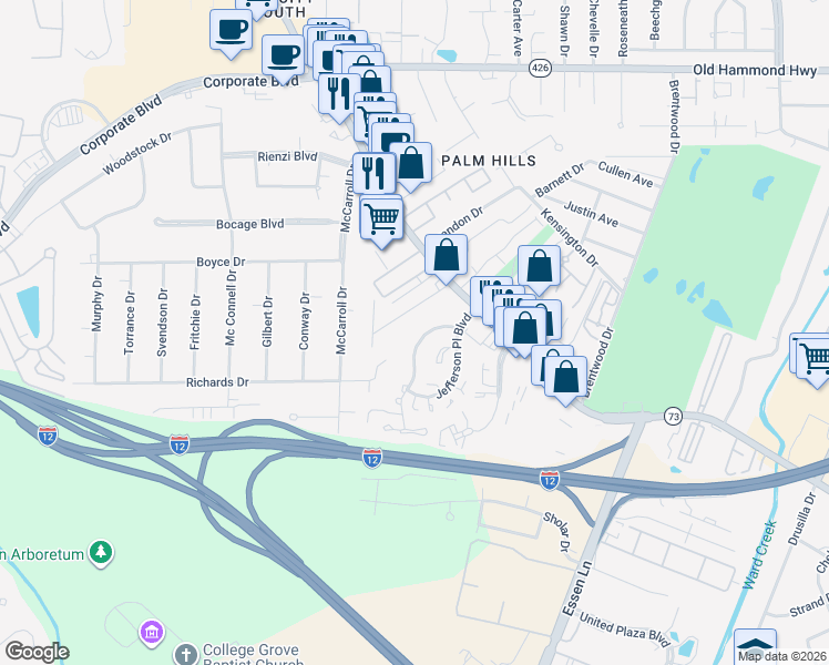 map of restaurants, bars, coffee shops, grocery stores, and more near 7543 North Jefferson Place Circle in Baton Rouge
