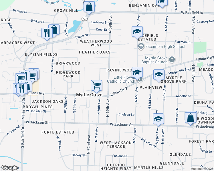 map of restaurants, bars, coffee shops, grocery stores, and more near 913 North 69th Avenue in Pensacola
