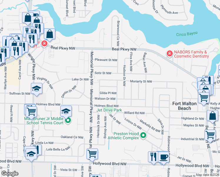 map of restaurants, bars, coffee shops, grocery stores, and more near 218 Gilda Place Northwest in Fort Walton Beach