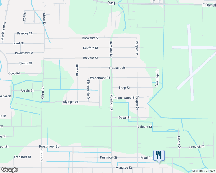 map of restaurants, bars, coffee shops, grocery stores, and more near 2381 Hemlock Drive in Navarre