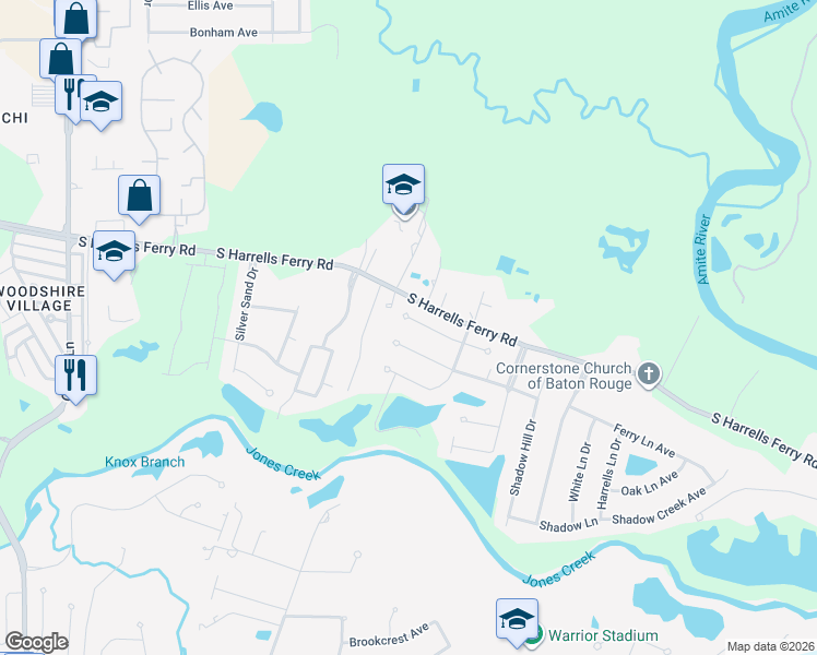 map of restaurants, bars, coffee shops, grocery stores, and more near 17503 Purple Martin Court in Baton Rouge