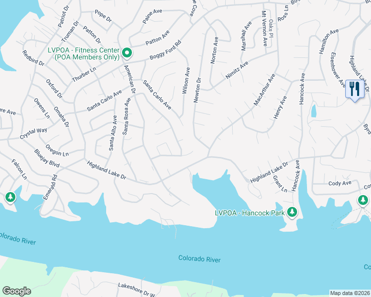 map of restaurants, bars, coffee shops, grocery stores, and more near 21001 Santa Rosa Avenue in Lago Vista