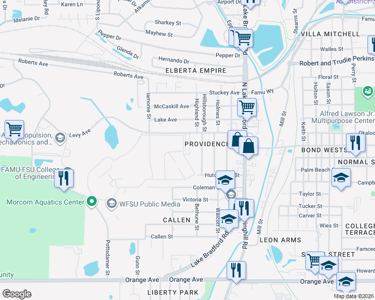 map of restaurants, bars, coffee shops, grocery stores, and more near 1515 Levy Avenue in Tallahassee