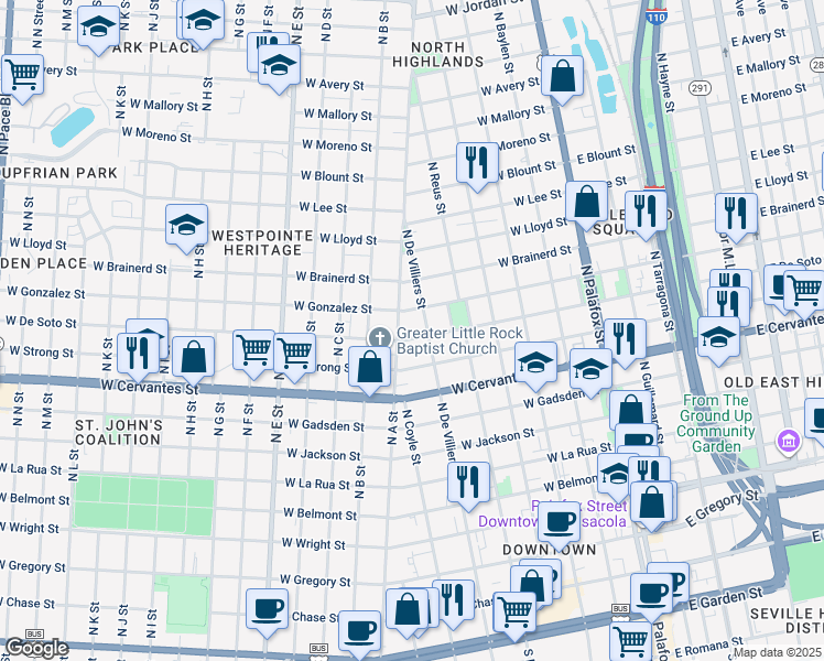 map of restaurants, bars, coffee shops, grocery stores, and more near 514 West De Soto Street in Pensacola