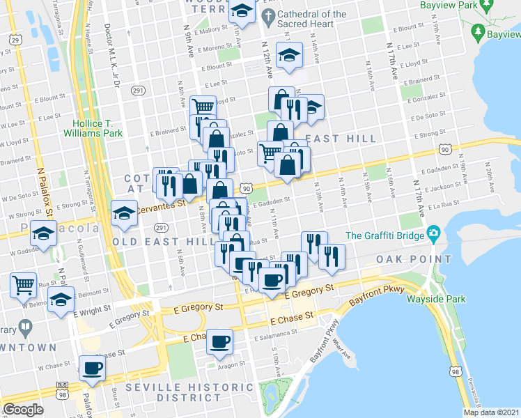 map of restaurants, bars, coffee shops, grocery stores, and more near 1017 East Gadsden Street in Pensacola