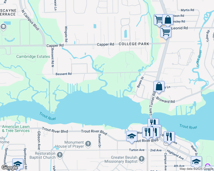 map of restaurants, bars, coffee shops, grocery stores, and more near 3540 Bessent Road in Jacksonville