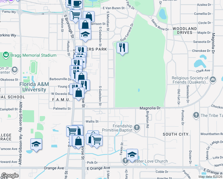 map of restaurants, bars, coffee shops, grocery stores, and more near 1914 Golf Terrace Drive in Tallahassee