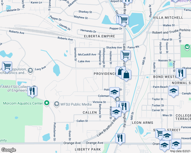 map of restaurants, bars, coffee shops, grocery stores, and more near 1517 Levy Avenue in Tallahassee