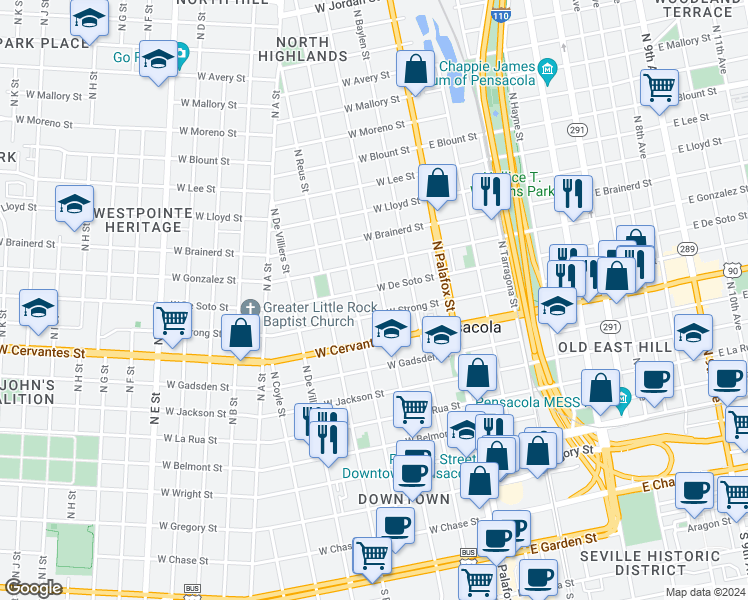 map of restaurants, bars, coffee shops, grocery stores, and more near 150 West De Soto Street in Pensacola