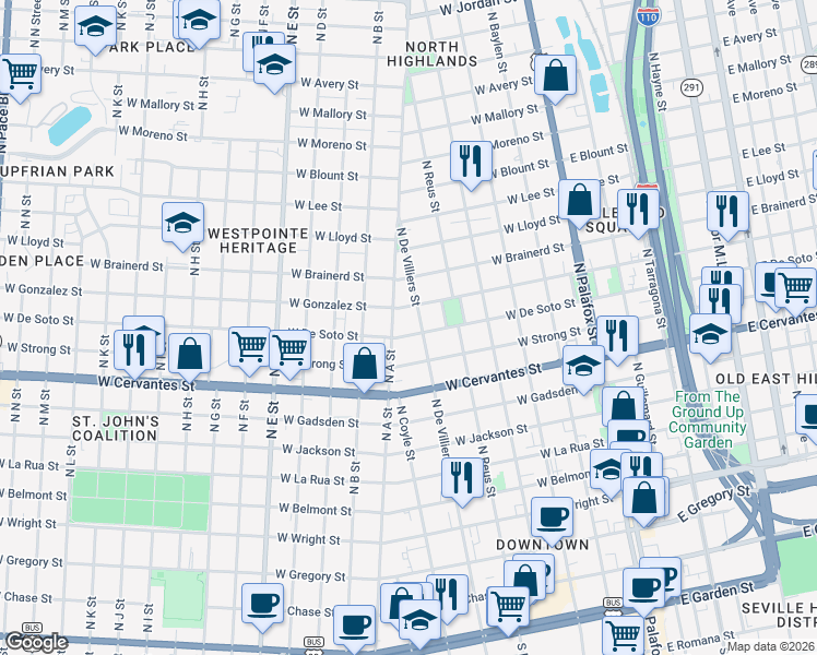 map of restaurants, bars, coffee shops, grocery stores, and more near in Pensacola