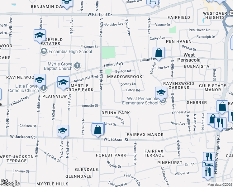 map of restaurants, bars, coffee shops, grocery stores, and more near 61 Adkinson Drive in Pensacola