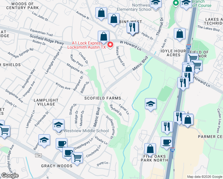 map of restaurants, bars, coffee shops, grocery stores, and more near 1633 Chasewood Drive in Austin