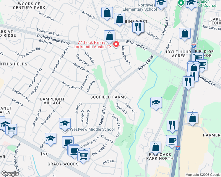 map of restaurants, bars, coffee shops, grocery stores, and more near 1720 Chasewood Drive in Austin