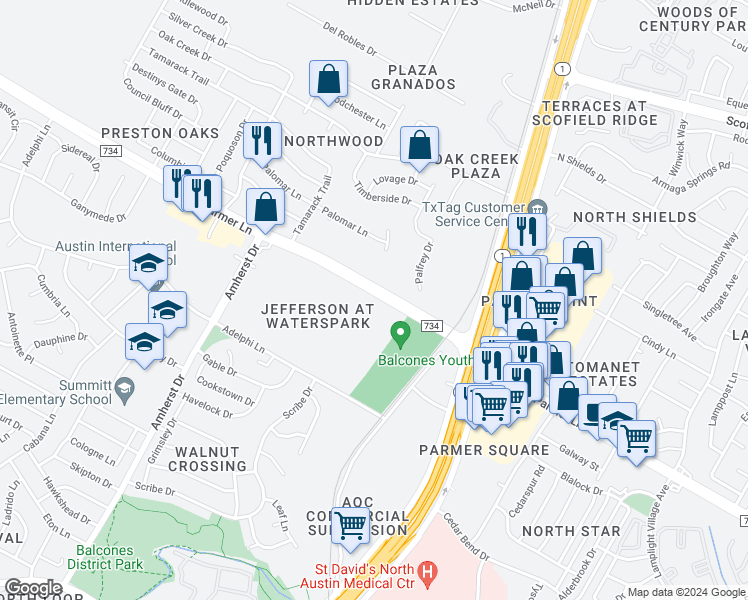 map of restaurants, bars, coffee shops, grocery stores, and more near 3400 West Parmer Lane in Austin