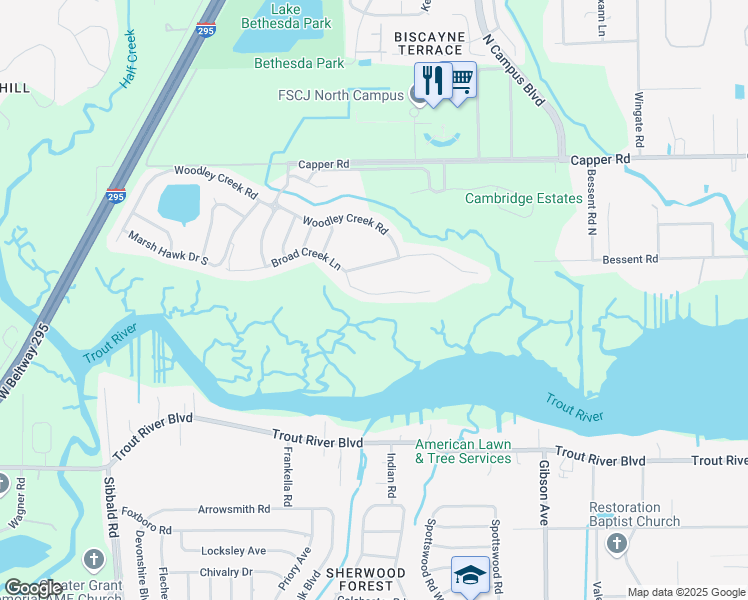 map of restaurants, bars, coffee shops, grocery stores, and more near 4090 Broad Creek Lane in Jacksonville