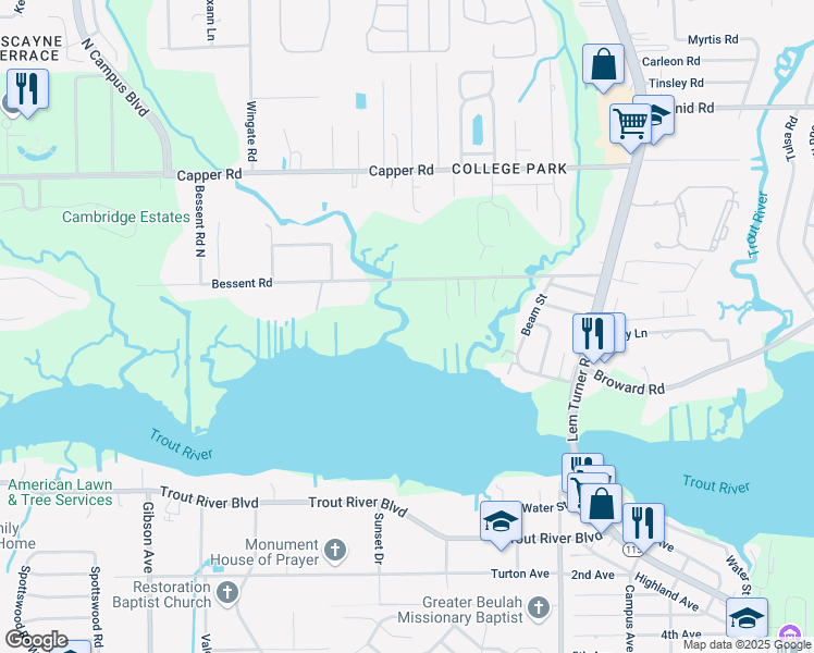 map of restaurants, bars, coffee shops, grocery stores, and more near 3540 Bessent Road in Jacksonville