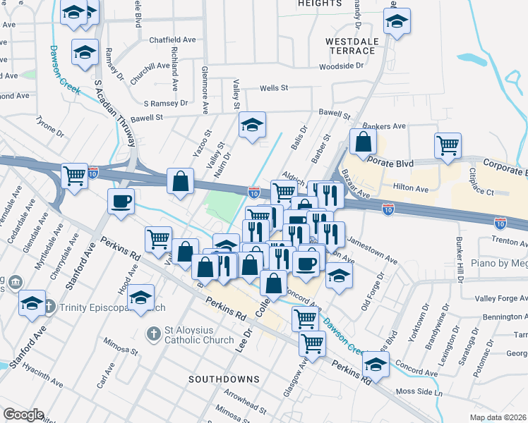 map of restaurants, bars, coffee shops, grocery stores, and more near 2852 Balis Drive in Baton Rouge