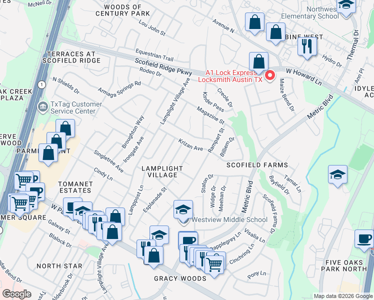 map of restaurants, bars, coffee shops, grocery stores, and more near 1914 Krizan Avenue in Austin