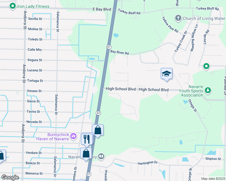 map of restaurants, bars, coffee shops, grocery stores, and more near 8517 High School Boulevard in Navarre