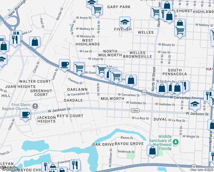map of restaurants, bars, coffee shops, grocery stores, and more near 3422 Mobile Hwy in Pensacola
