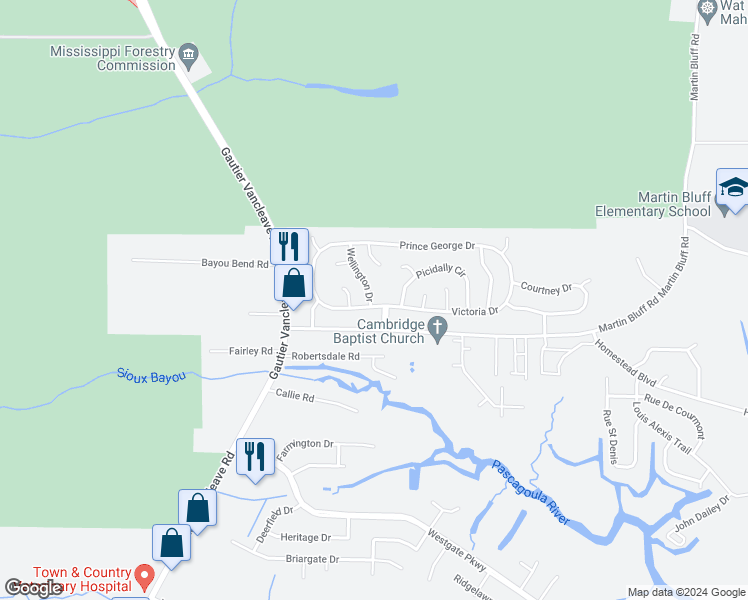 map of restaurants, bars, coffee shops, grocery stores, and more near 5520 Wellington Drive in Gautier
