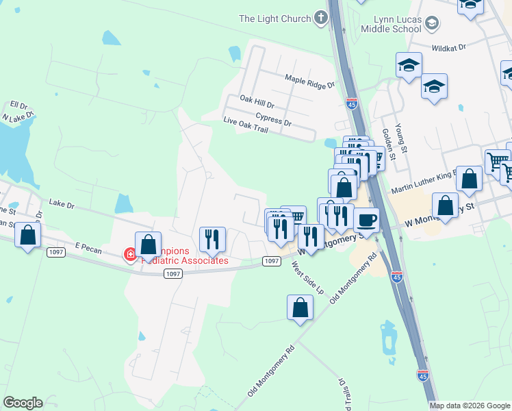 map of restaurants, bars, coffee shops, grocery stores, and more near 12529 Canyon Hill Drive in Willis
