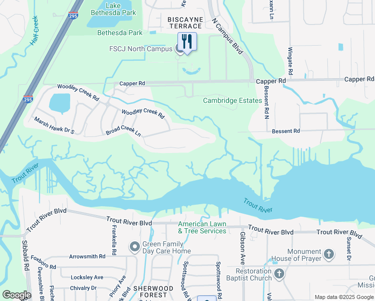 map of restaurants, bars, coffee shops, grocery stores, and more near 4008 Broad Creek Lane in Jacksonville