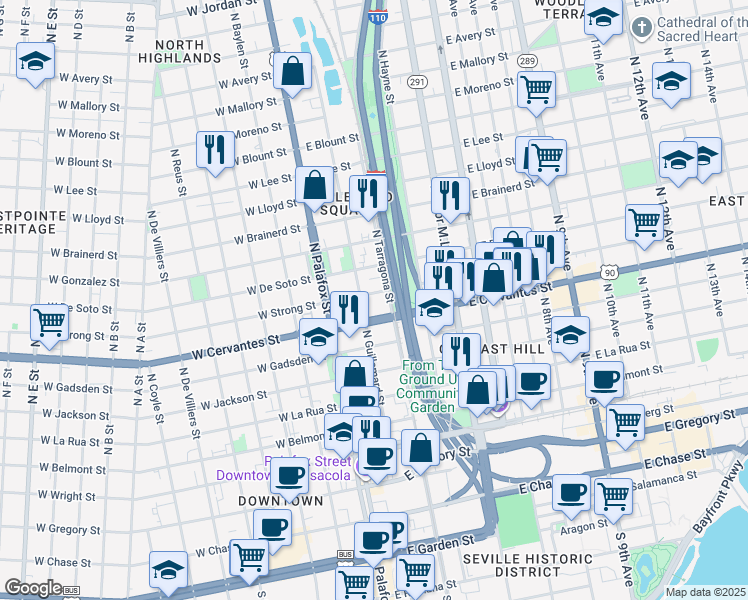 map of restaurants, bars, coffee shops, grocery stores, and more near 157 East Strong Street in Pensacola