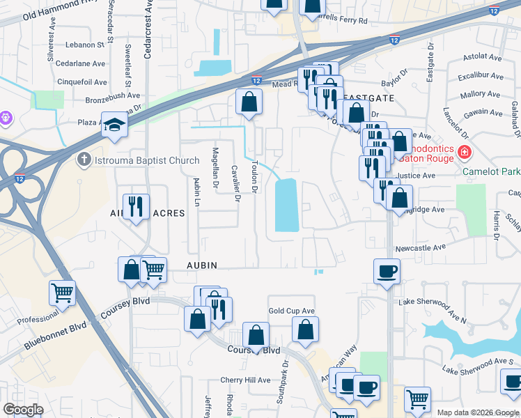map of restaurants, bars, coffee shops, grocery stores, and more near 11070 Mead Road in Baton Rouge