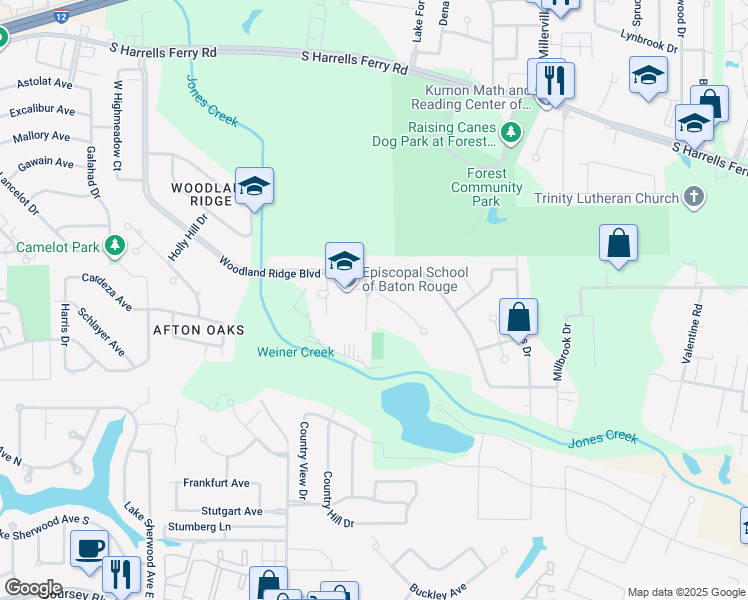 map of restaurants, bars, coffee shops, grocery stores, and more near 3101 Chapelwood Drive in Baton Rouge