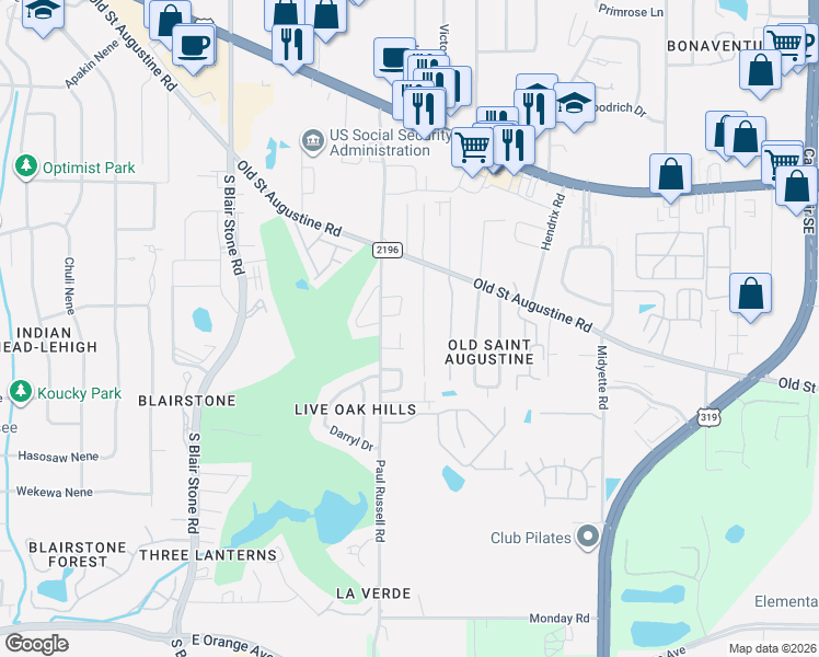 map of restaurants, bars, coffee shops, grocery stores, and more near 67 Paul Russell Circle in Tallahassee