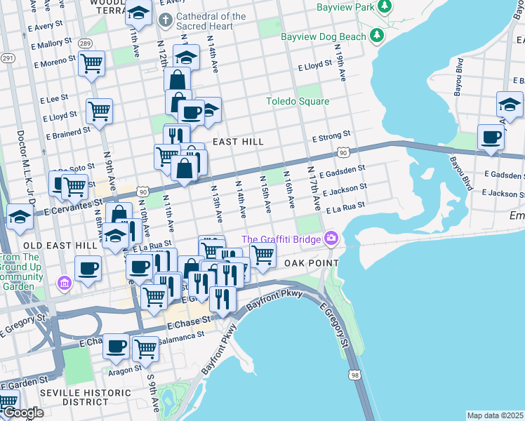 map of restaurants, bars, coffee shops, grocery stores, and more near 1430 East Jackson Street in Pensacola