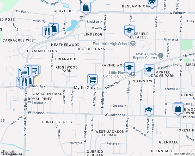 map of restaurants, bars, coffee shops, grocery stores, and more near 911 North 70th Avenue in Pensacola