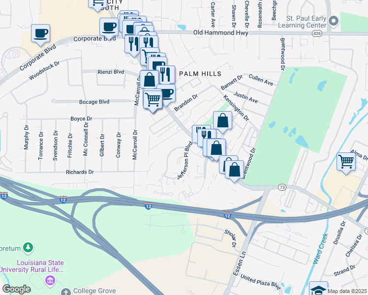 map of restaurants, bars, coffee shops, grocery stores, and more near 7887 North Jefferson Place Circle in Baton Rouge