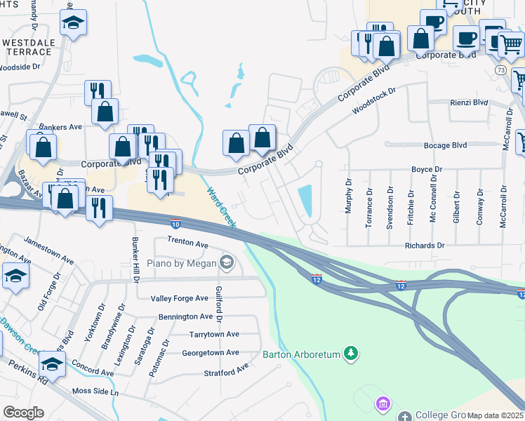 map of restaurants, bars, coffee shops, grocery stores, and more near 2530 Gates Circle in Baton Rouge
