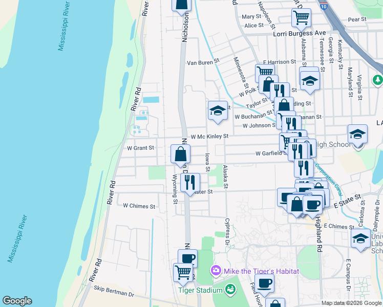 map of restaurants, bars, coffee shops, grocery stores, and more near 838 West Grant Street in Baton Rouge