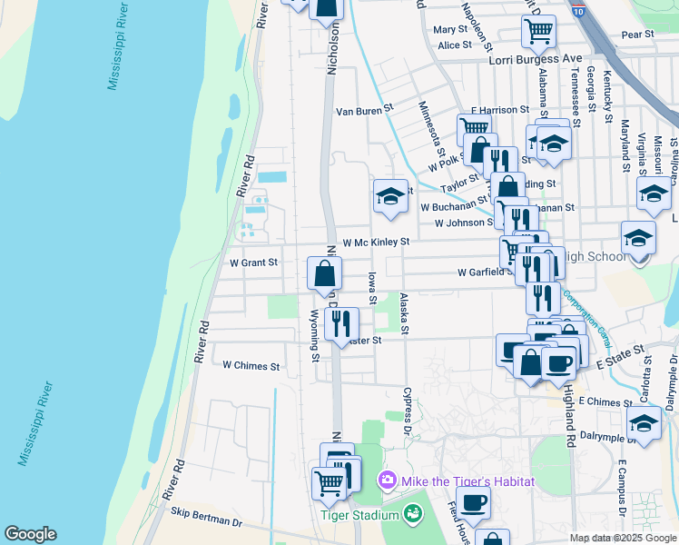 map of restaurants, bars, coffee shops, grocery stores, and more near 937 West Grant Street in Baton Rouge