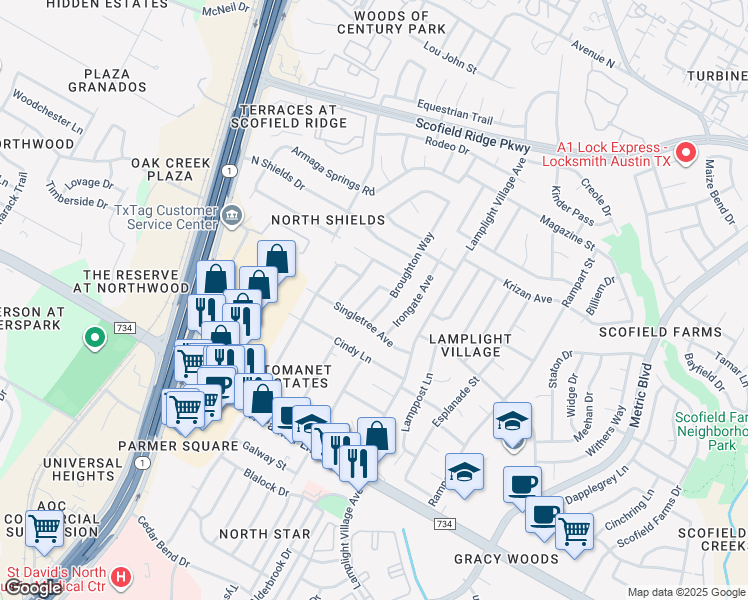 map of restaurants, bars, coffee shops, grocery stores, and more near 12818 Copper Cliff Avenue in Austin
