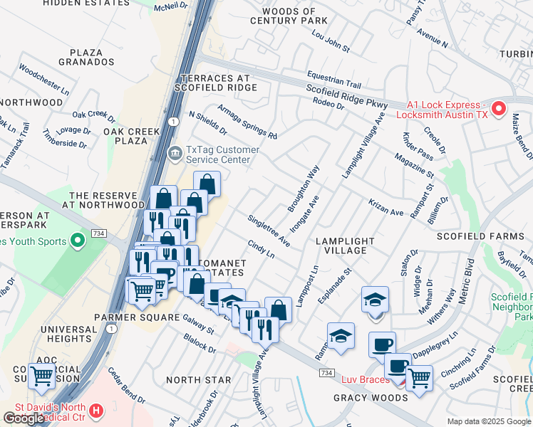 map of restaurants, bars, coffee shops, grocery stores, and more near 12808 Chromite Street in Austin
