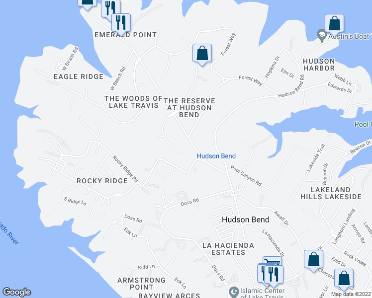 map of restaurants, bars, coffee shops, grocery stores, and more near 5305 Laguna Cliff Lane in Austin