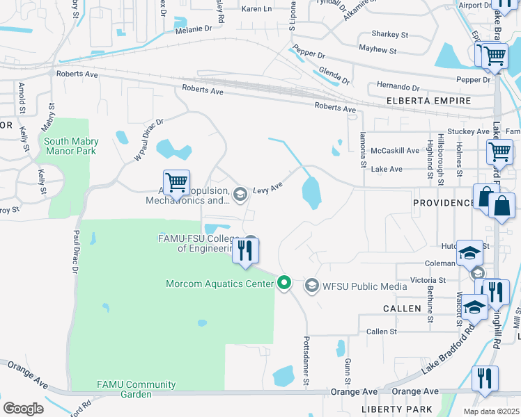 map of restaurants, bars, coffee shops, grocery stores, and more near 2001 Levy Avenue in Tallahassee
