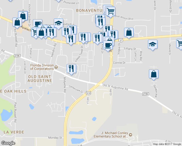 map of restaurants, bars, coffee shops, grocery stores, and more near 1731 Augustine Place in Tallahassee