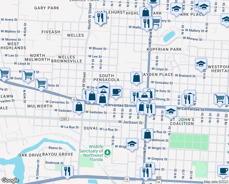 map of restaurants, bars, coffee shops, grocery stores, and more near 907 North S Street in Pensacola