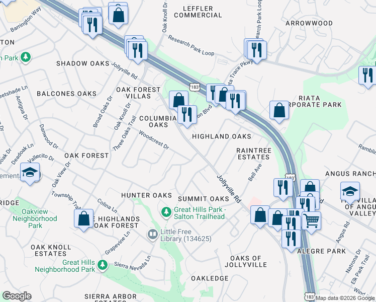 map of restaurants, bars, coffee shops, grocery stores, and more near 11824 Jollyville Road in Austin