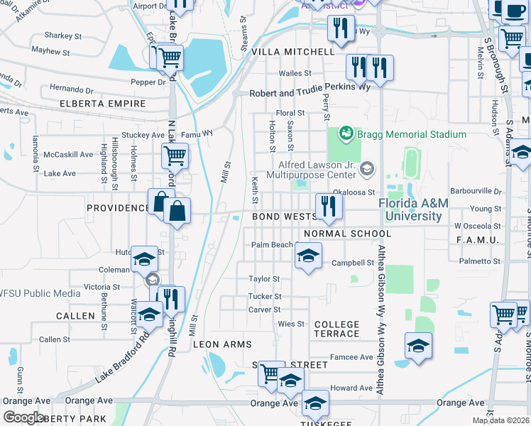 map of restaurants, bars, coffee shops, grocery stores, and more near 1941 Keith Street in Tallahassee