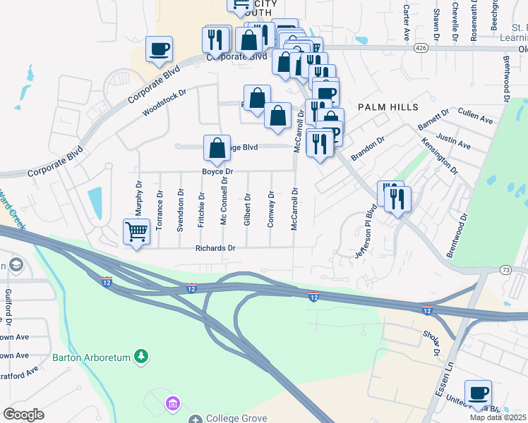 map of restaurants, bars, coffee shops, grocery stores, and more near 3072 Conway Drive in Baton Rouge